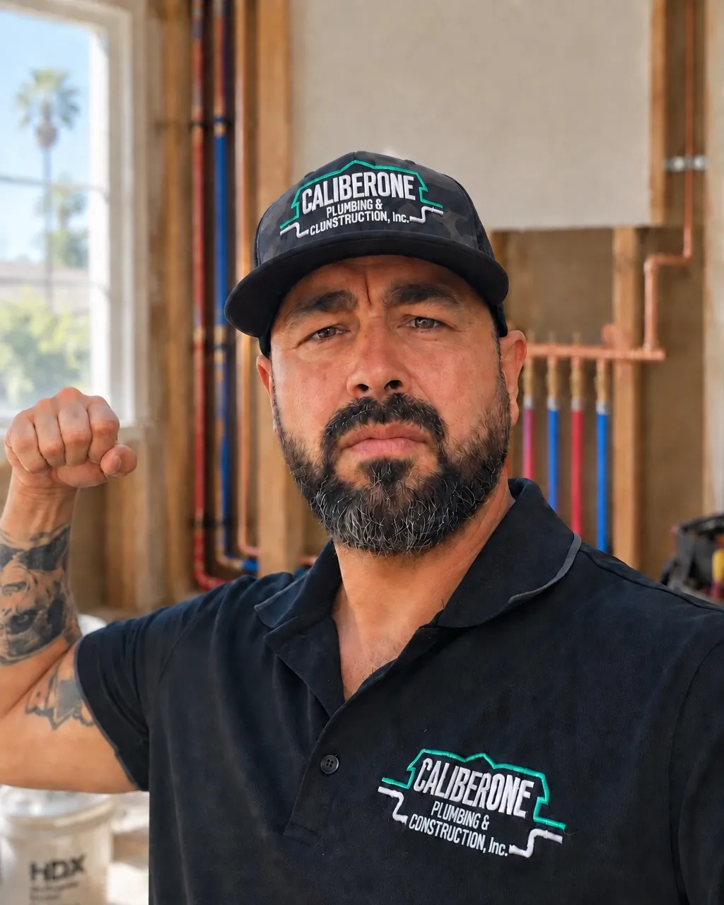 Caliber One technician standing in front of a PEX rough-in installation
